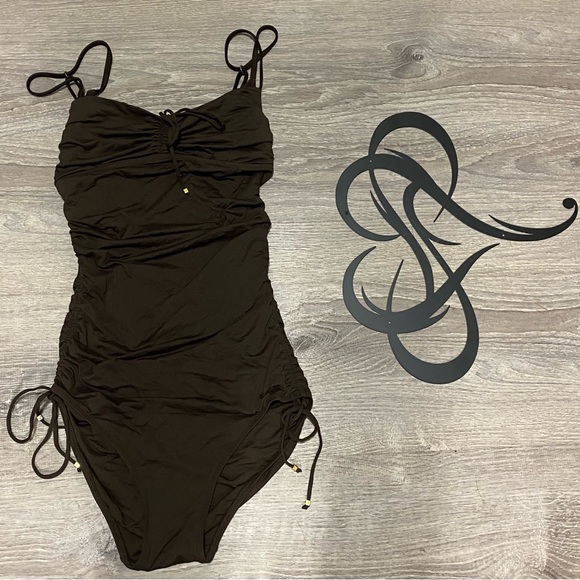 DKNY Chocolate Brown Ruched One Piece Swimsuit | Tie Detail | Size M (8) - Picture 3 of 7